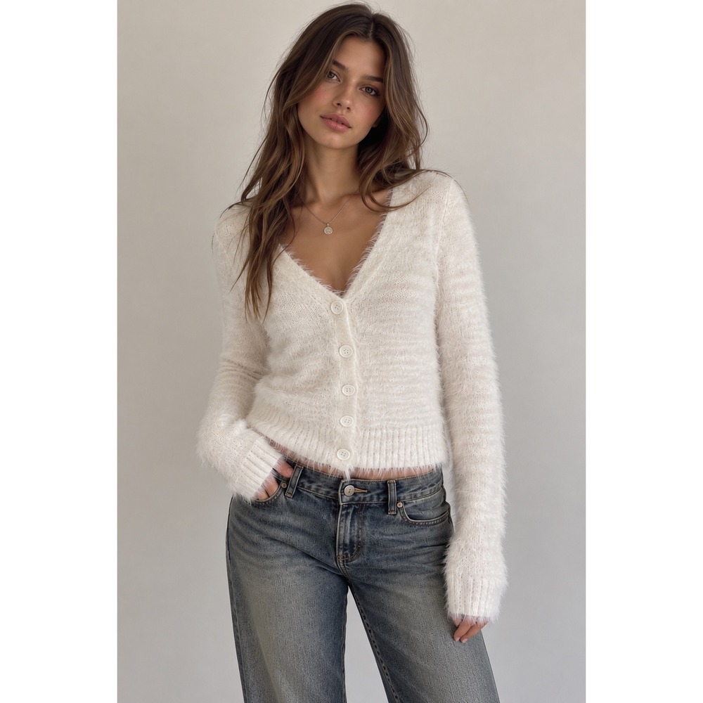 GB Eyelash Knit Fuzzy V-Neck Cardigan Sweater Off-White Button Down Angelcore